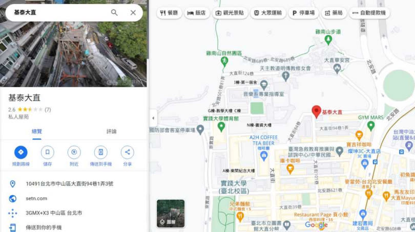 網友「回填」基泰大直資訊，並附上塌陷照。(圖／Google Maps)