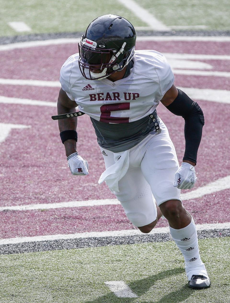 Missouri State safety Kyriq McDonald tracks the ball during a scrimmage at Plaster Stadium on Saturday, Aug. 21, 2021.