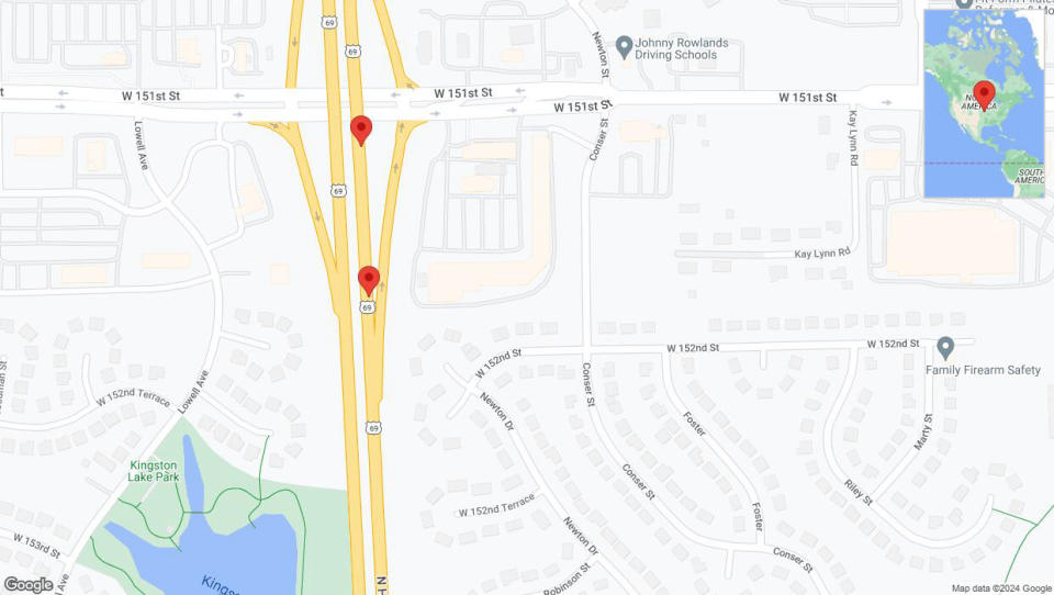 A detailed map that shows the affected road due to 'Warning: Crash on northbound US-69 in Overland Park' on January 5th at 1:18 p.m.