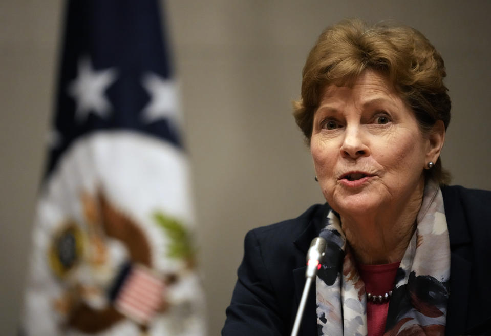 U.S. Senator Jeanne Shaheen (D-NH) speaks during a press conference in the U.S. embassy in Belgrade, Serbia, Tuesday, April 19, 2022. A U.S. Senate delegation on Tuesday urged Serbia to join the rest of Europe and impose sanctions against Russia for its bloody carnage in Ukraine. Although Serbia voted in favor of three UN resolutions condemning the Russian aggression against Ukraine, it has not joined international sanctions against Moscow. (AP Photo/Darko Vojinovic)