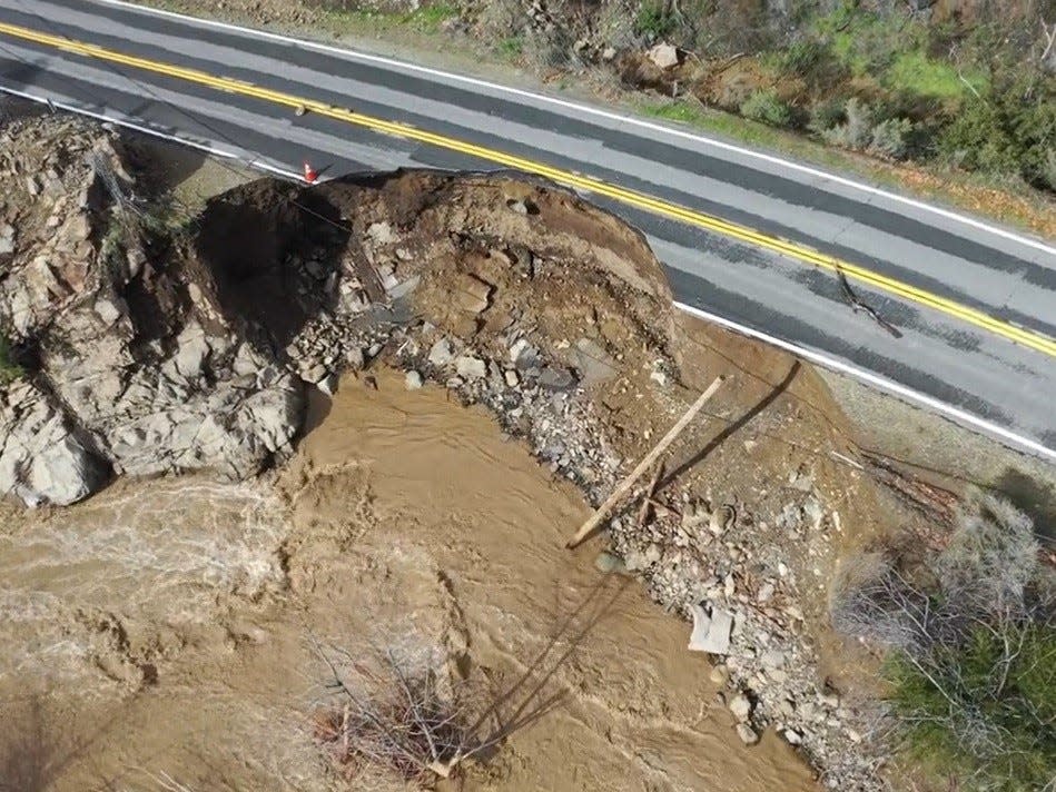 Recent storm damage to Highway 33 in Los Padres National Forest above Ojai is shown in this still from a Caltrans video released Thursday.