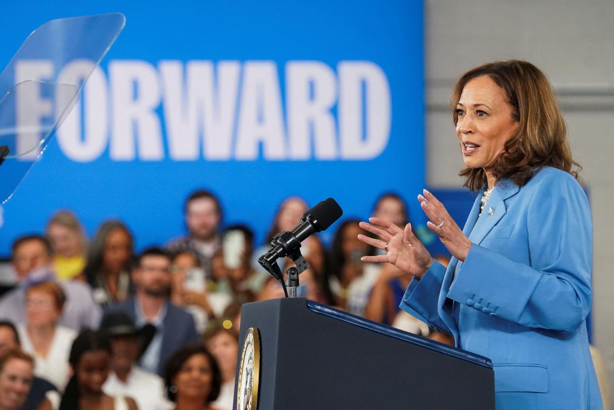 U.S. Vice President and Democratic presidential candidate Kamala Harris speaks, during an event at the Hendrick Center for Automotive Excellence in Raleigh, North Carolina, U.S., August 16, 2024. REUTERS/Kevin Lamarque