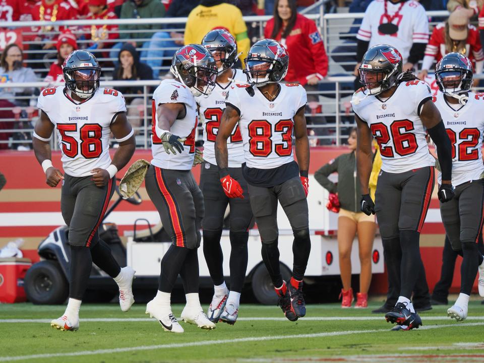 Tampa Bay Buccaneers wide receiver Deven Thompkins (83) reacts after a punt return against the San Francisco 49ers during the fourth quarter at Levi's Stadium.