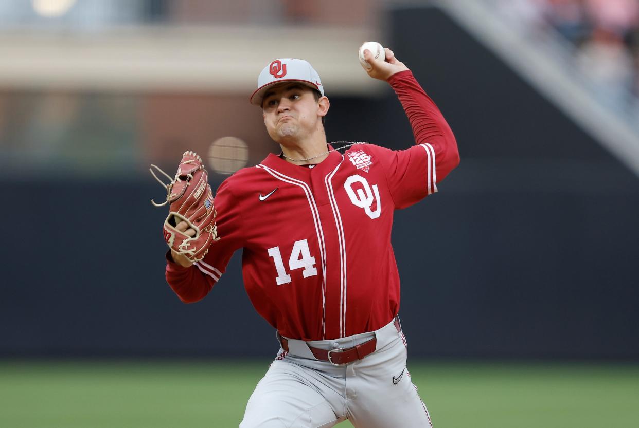 Oklahoma pitcher Carter Campbell (14) pitches during a college baseball game between the Oklahoma State Cowboys and the Oklahoma Sooners at OÕBrate Stadium in Stillwater, Okla., on Tuesday, April 18, 2023.