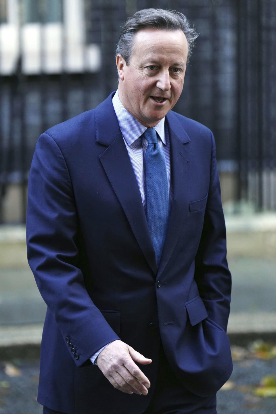 Britain's former prime minister David Cameron leaves Downing Street, in London, Monday, Nov. 13, 2023. British Prime Minister Rishi Sunak on Monday fired Home Secretary Suella Braverman, a divisive figure who drew anger for accusing police of being too lenient with pro-Palestinian protesters. In a highly unusual move, former Prime Minister David Cameron was named foreign secretary. It's rare for a former leader, and a non-lawmaker, to take a senior government post. The government said Cameron will be appointed to Parliament's unelected upper chamber, the House of Lords. (James Manning/PA via AP)