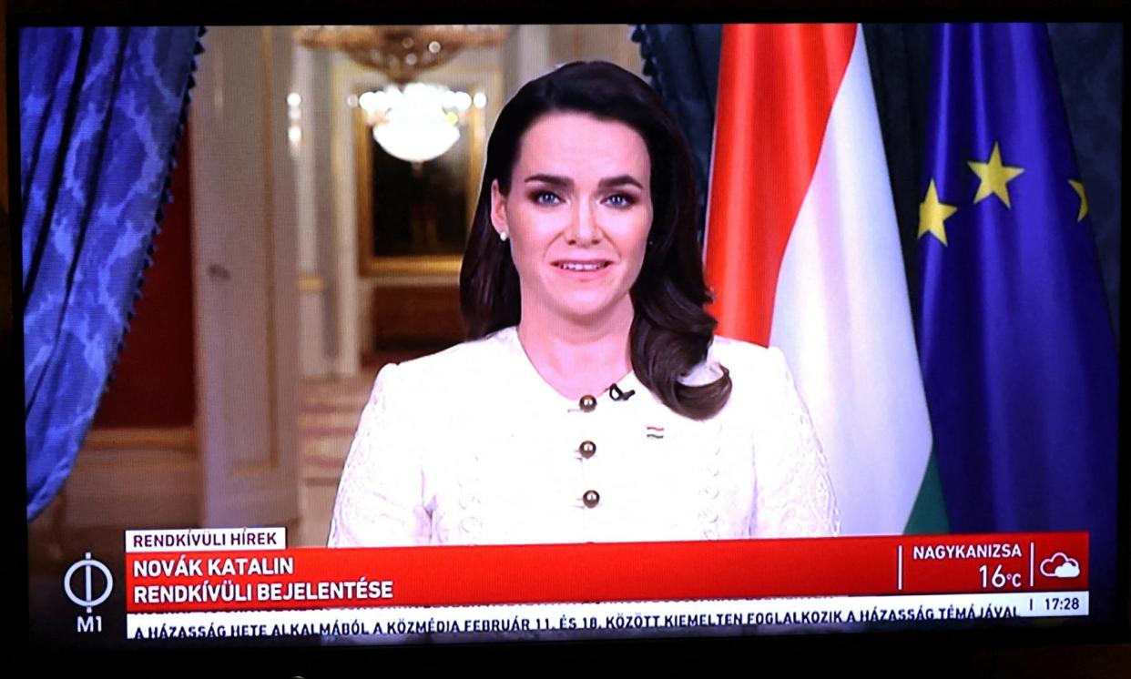 <span>Hungary’s president, Katalin Novák, announces her resignation on television.</span><span>Photograph: Bernadett Szabó/Reuters</span>