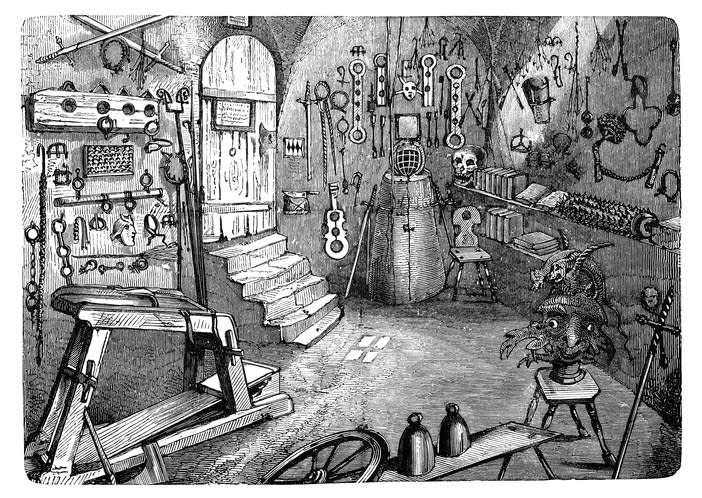 drawing of a room full of weapons