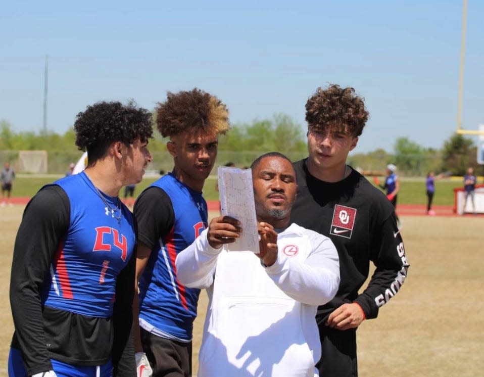 C4 Sports Performance & Fitness owner Sean Cooper, second from right, speaks with Wynnewood running back and Vanderbilt commit Caden Knighten, left, Wylie East (Texas) receiver Amarean Porter and Carl Albert quarterback and OU commit Kevin Sperry.