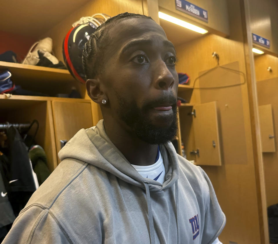 New York Giants quarterback Tyrod Taylor speaks with the media after NFL football practice, Wednesday, Oct. 18,2 023, in East Rutherford, N.J. Quarterback Daniel Jones practice on a limited basis Wednesday for first time since hurting his neck at Miami on Oct 8. Tyrod Taylor started and played Sunday night against Buffalo. (AP Photo/Tom Canavan)