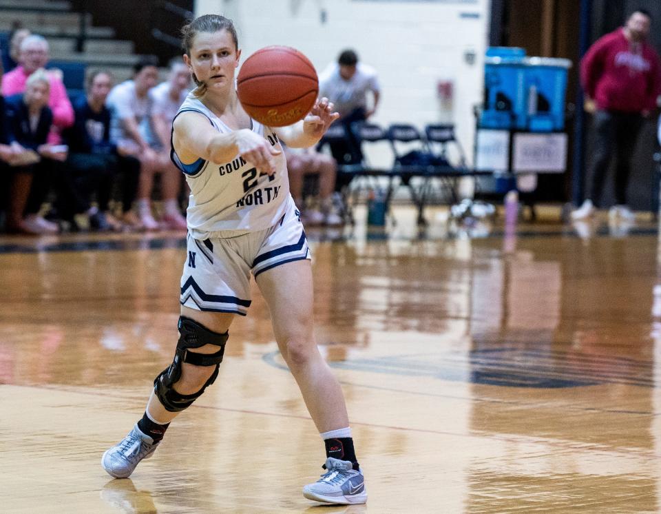 Council Rock North's Megan Reichenbach (24) against Bensalem during their girls' basketball game in Newtown on Friday, Jan. 26, 2024.

Daniella Heminghaus | Bucks County Courier Times