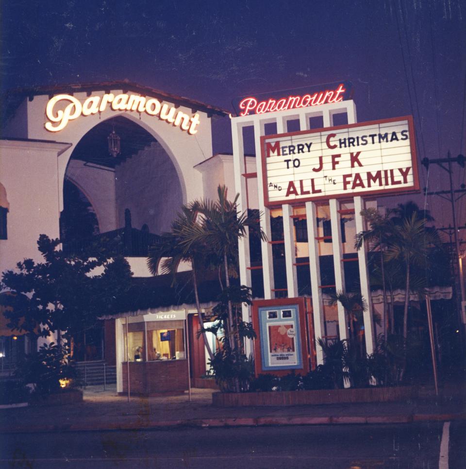 The Paramount Theatre in Palm Beach lights up its marquee with a welcome to the Kennedy family, circa 1960.