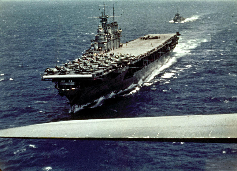 Film still shows a U.S. Navy, Yorktown-class aircraft carrier USS Enterprise during the Battle of Midway, from the John Ford-directed documentary The Battle of Midway. | U.S. Navy/The LIFE Picture Collection— Getty Images
