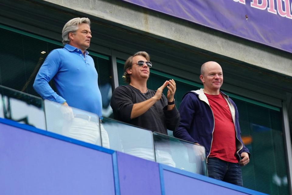 Prospective Chelsea owner Todd Boehly (centre) reacts before a goal is disallowed by VAR during the Premier League match at Stamford Bridge (PA)