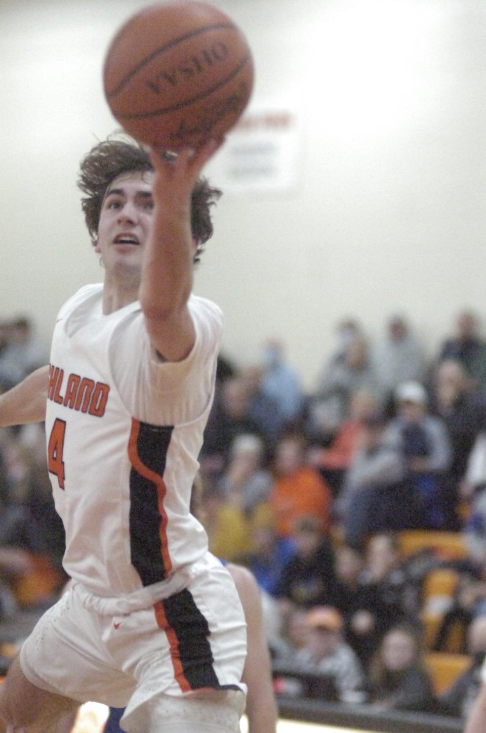 Ashland High School's Luke Denbow (4) during basketball action against Wooster at Arrow Arena Friday, Jan. 28, 2022.