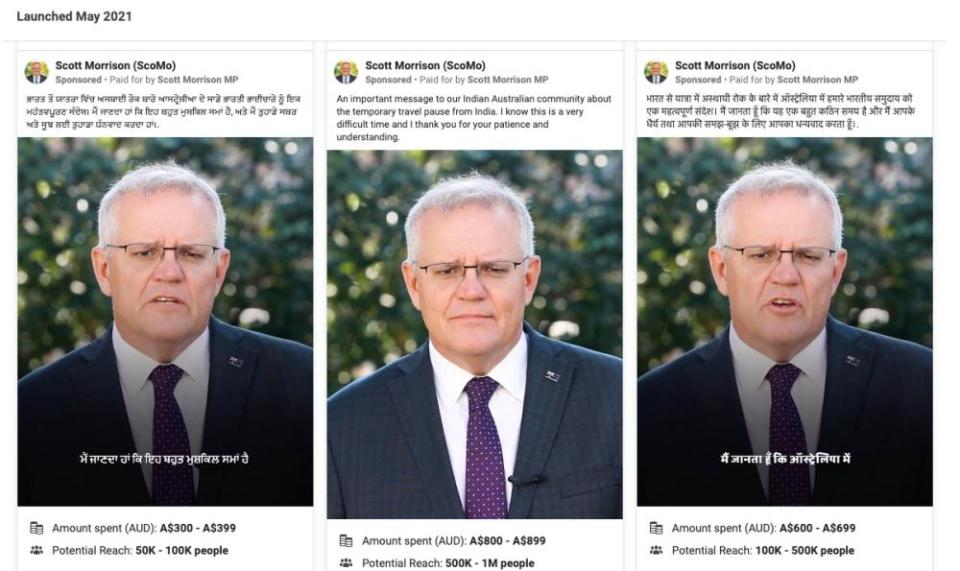 Ads being run by Scott Morrison’s Facebook page targeting the Indian community in Australia