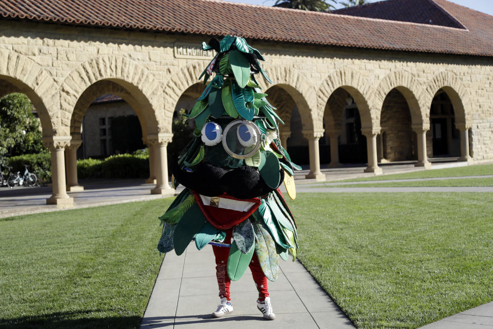 Stanford University’s mascot is just laughable. There are a couple of different versions of the tree, each as ridiculous as each other. Another one that would scare you off.