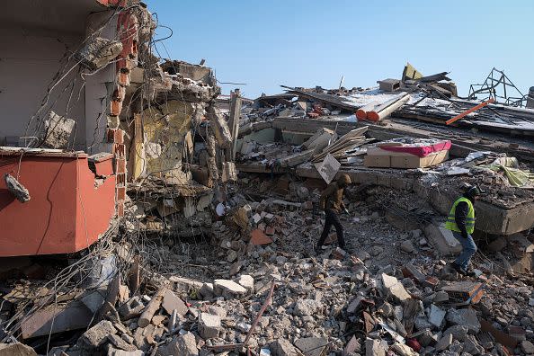 ELBISTAN, TURKEY - FEBRUARY 10: Volunteers and rescue teams work for on a ruined building on February 10, 2023 in Elbistan Turkey. A 7.8-magnitude earthquake hit near Gaziantep, Turkey, in the early hours of Monday, followed by another 7.5-magnitude tremor just after midday. The quakes caused widespread destruction in southern Turkey and northern Syria and were felt in nearby countries.  (Photo by Mehmet Kacmaz/Getty Images)