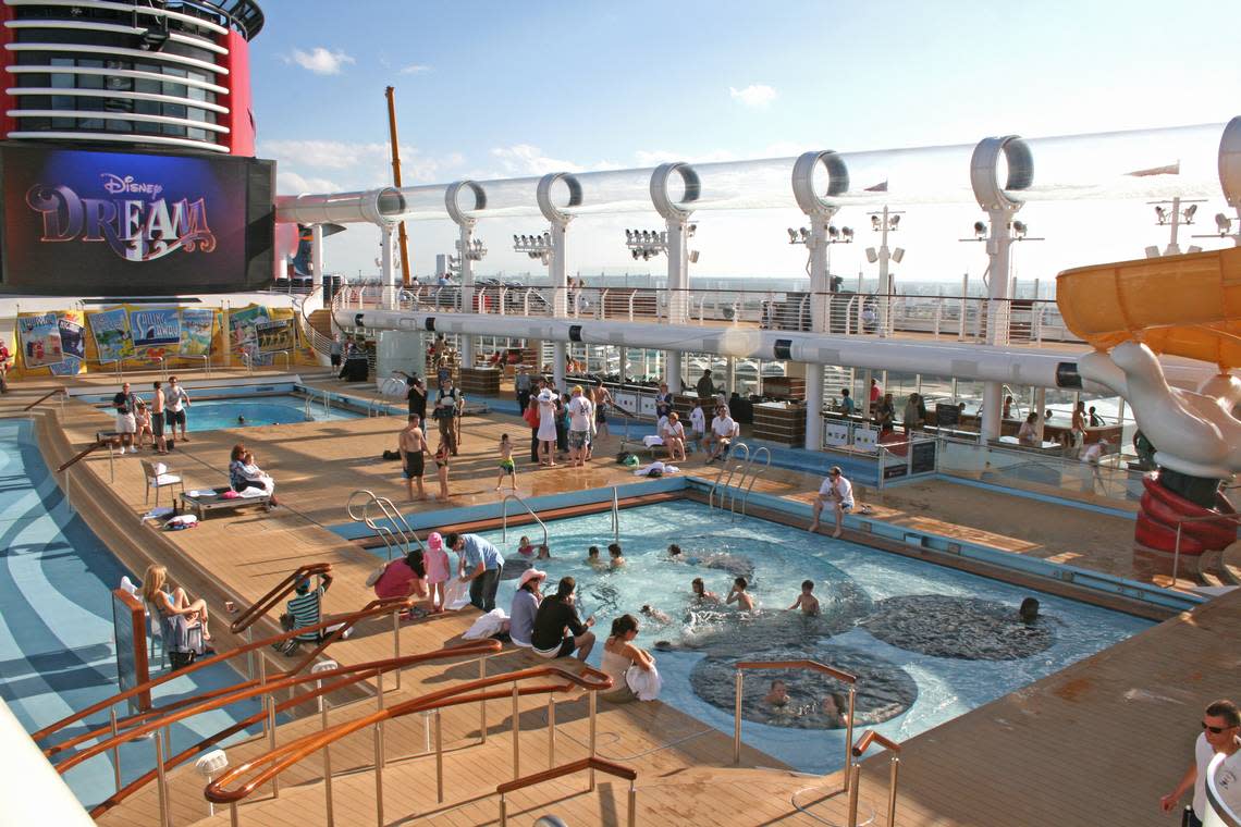 The Mickey Mouse pool (foreground) on the pool deck of the Disney Dream.