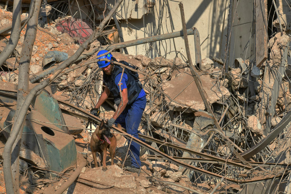 BEIRUT, LEBANON - AUGUST 6, 2020: An employee of the Russian Emergencies Ministry at the site of an explosion in the city port. Two massive explosions in the port area of Beirut on August 4 resulted in a shockwave devastating multiple nearby neighborhoods, with more than 100 citizens killed, another 300,000 citizens left homeless, and damage estimates reaching $15bn. Maxim Grigoryev/TASS (Photo by Maxim Grigoryev\TASS via Getty Images)