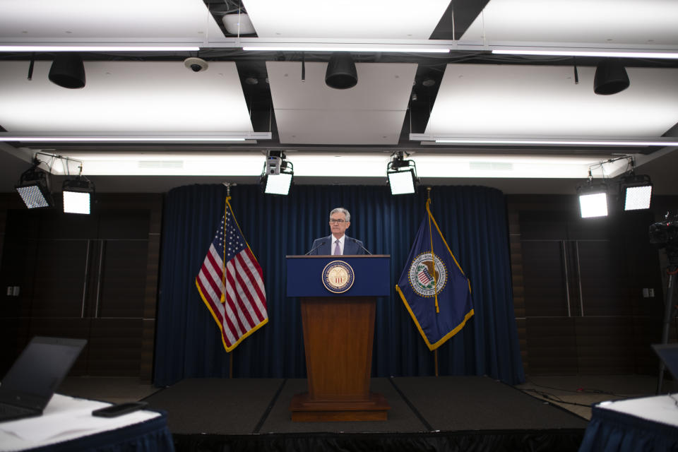 WASHINGTON, DC - MARCH 03: Federal Reserve Chair Jerome H. Powell announces a half percentage point interest rate cut during a speech on March 3, 2020 in Washington, DC. (Photo by Mark Makela/Getty Images)