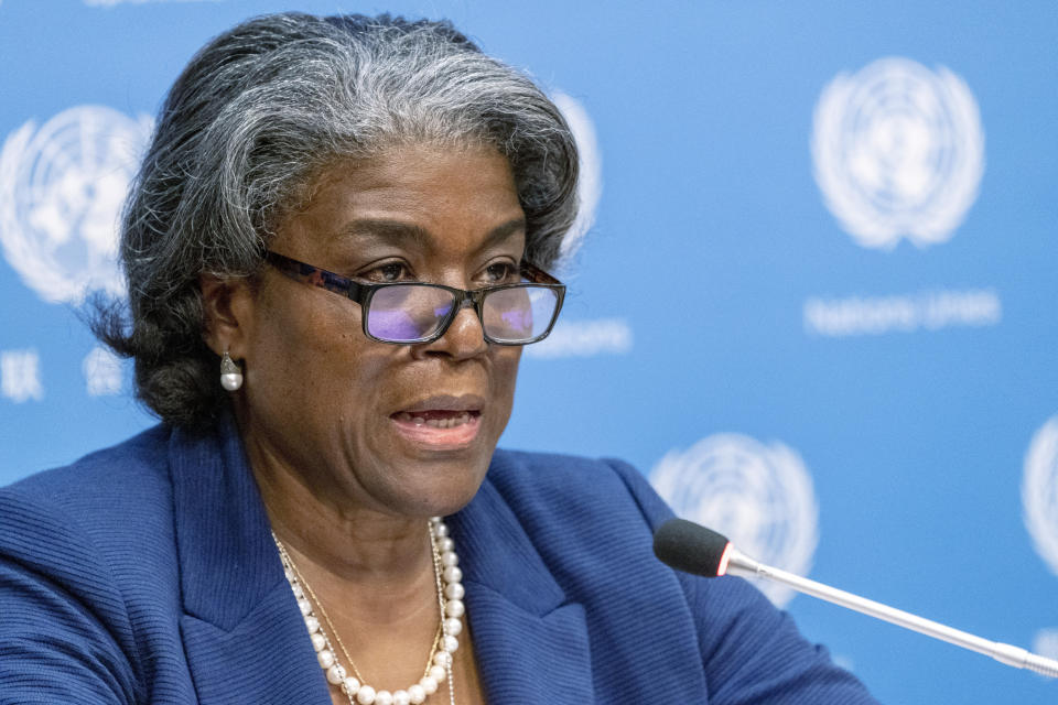 FILE - U.S. Ambassador to the United Nations, Linda Thomas-Greenfield speaks to reporters during a news conference at United Nations headquarters on March 1, 2021. Six Black members of President Joe Biden's Cabinet will be meeting for a Black History Month event Thursday highlighting their roles in the administration, some of which are historic firsts. (AP Photo/Mary Altaffer, File)