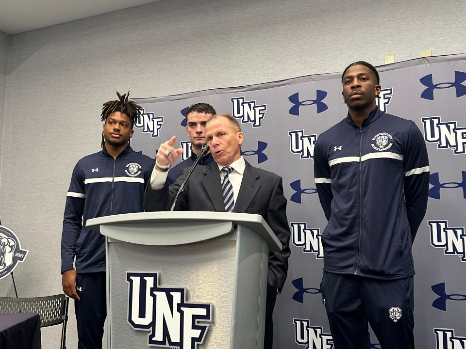 University of North Florida basketball coach Matthew Driscoll makes a point during his news conference on Thursday at UNF Arena. The Ospreys open their 15th season under Driscoll on Nov. 6 against Coastal Georgia.