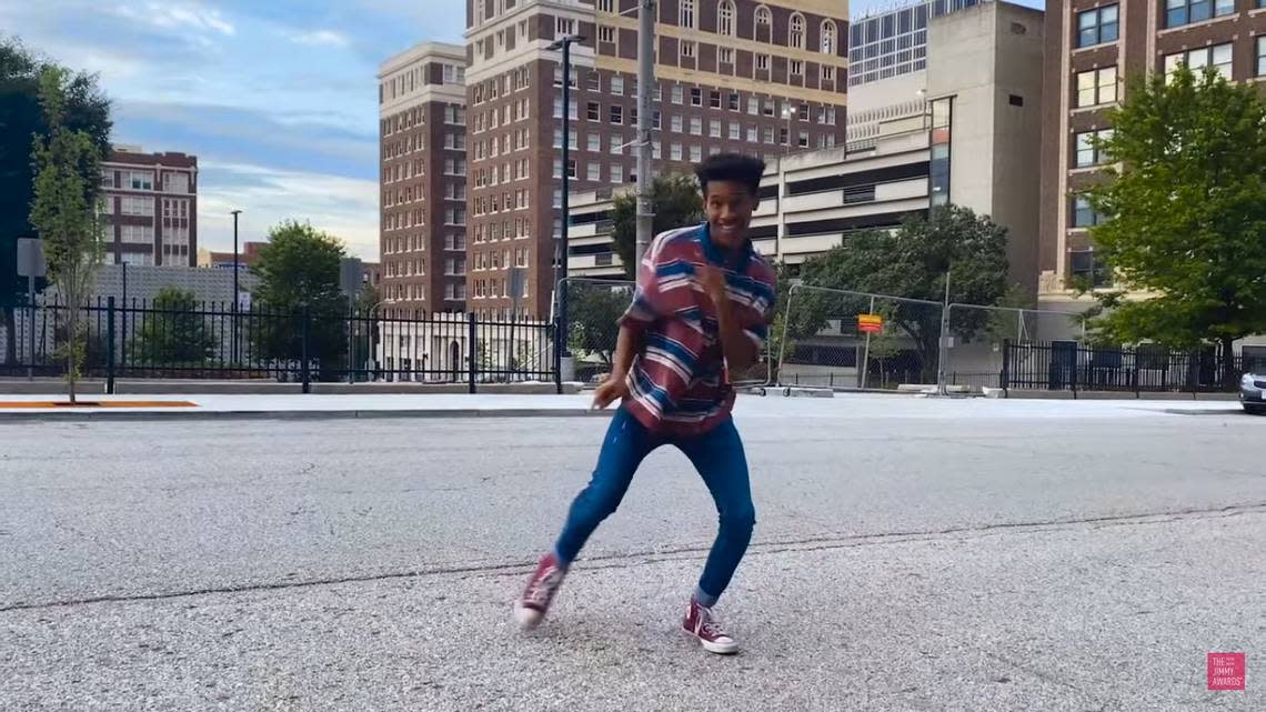 Olathe East graduate Justin Cooley dances in Kansas City for a segment in the Jimmy Awards ceremony. Cooley won a $3,000 scholarship as part of the awards.