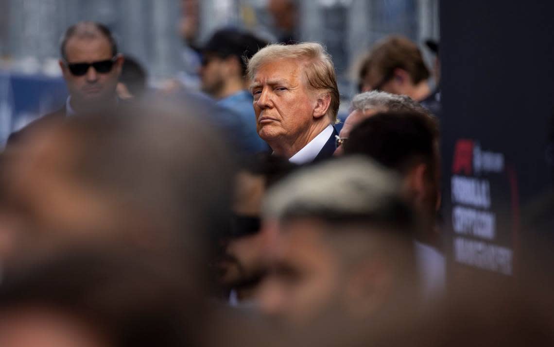 Former President Donald Trump is seen at the starting grid ahead of the Formula One Miami Grand Prix at the Miami International Autodrome on Sunday, May 5, 2024, in Miami Gardens, Fla.