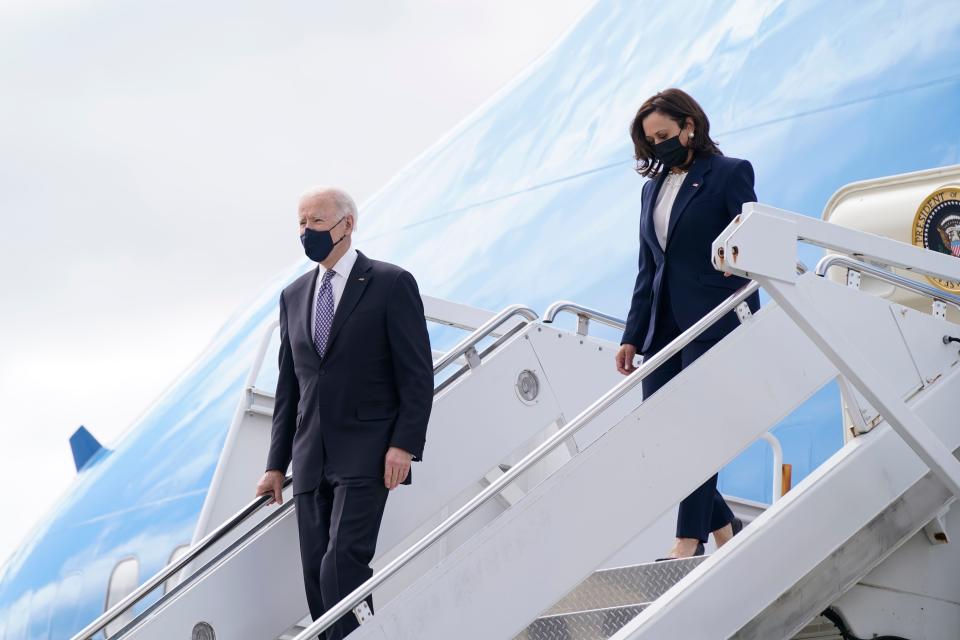 President Joe Biden and Vice President Kamala Harris step off Air Force One, Friday, March 19, 2021, at Dobbins Air Reserve Base in Marietta, Ga. (Eric Baradat/AFP)