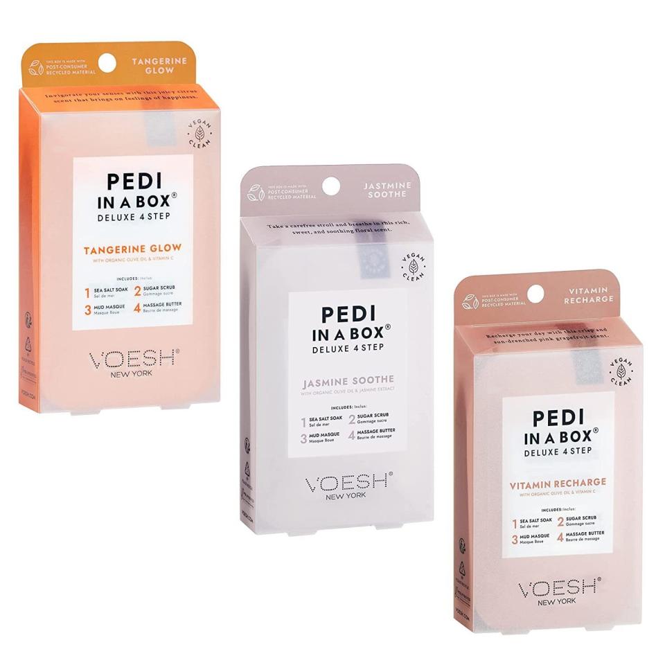 <div><p>"For at-home pedicures, the four-step Pedi In A Box kits from Voesh are incredible," Bella said. "They offer a luxurious salon-like experience from the comfort of your home. They also come in 15 scents, so there's something for everyone." Voesh is a Korean-American small business making vegan body products. Their Pedi In A Box kit includes a one-time dose of a salt solution, foot scrub, mud masque and massage butter.</p><p><i>You can buy the <a href="https://www.amazon.com/Pedi-Box-Step-Fruity-Trio/dp/B09WJBHKKV" rel="nofollow noopener" target="_blank" data-ylk="slk:Voesh Pedi In A Box kit;elm:context_link;itc:0;sec:content-canvas" class="link ">Voesh Pedi In A Box kit</a> (3-pack) from Amazon for $18, or from <a href="https://voesh.com/products/pedi-in-a-box-4-step?variant=39521299169347" rel="nofollow noopener" target="_blank" data-ylk="slk:Voesh;elm:context_link;itc:0;sec:content-canvas" class="link ">Voesh</a> for $7. </i></p></div><span> Amazon</span>