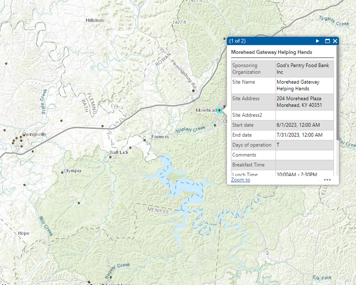 A screenshot of food locations near Morehead on the USDA’s Summer Meals Site Finder map.