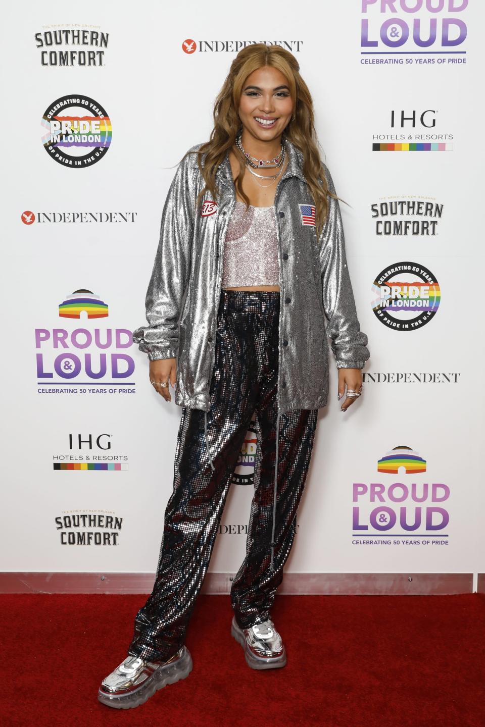 <p>Kiyoko glittered in a Dina Kabdolla light pink corset top teamed with black chainmail-effect trousers. Her R13 silver metallic racing jacket was accented by silver jewelry and chromatic platform sneakers at the Proud &amp; Loud event, which took place at London's Royal Albert Hall on June 4.</p>