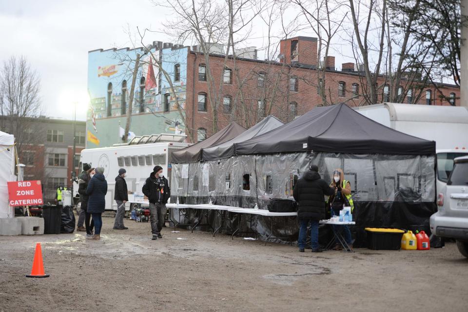 A food catering area is set up for movie crews in downtown Brockton ahead of filming in downtown Brockton of the Netflix movie "Don't Look Up," Thursday, Feb. 4, 2021.