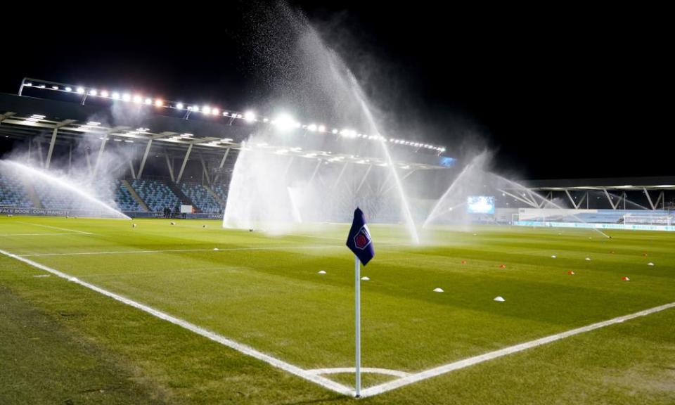 Pitch side at the Academy Stadium, Manchester.