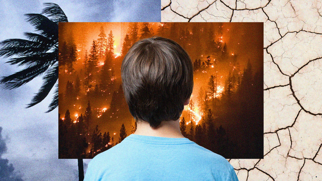 Extreme weather is increasing in frequency and intensity — and can be scary, especially for young people. Experts explain how to talk to kids about heat waves, wildfires, tornadoes, hurricanes and more. (Illustration by Quinn Lemmers for Yahoo/Photo: Getty Images)