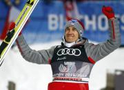 Ski Jumping - 65th four-hills ski jumping tournament final round - Bischofshofen, Austria - 06/01/2017 - Poland's Kamil Stoch celebrates after winning the 65th four-hills tournament. REUTERS/Dominic Ebenbichler