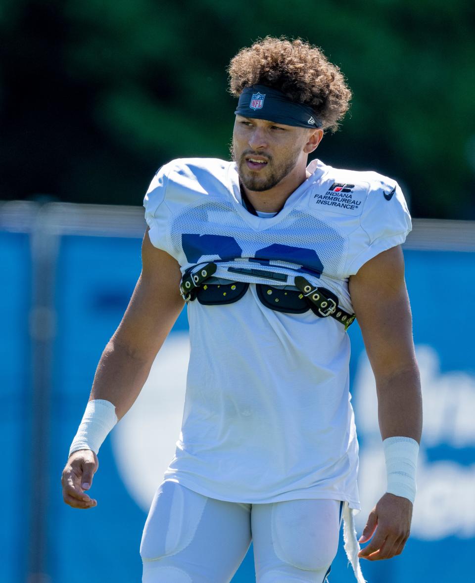 Indianapolis Colts running back Phillip Lindsay (30), during training camp Wednesday, Aug. 17, 2022, at Grand Park in Westfield, Ind.