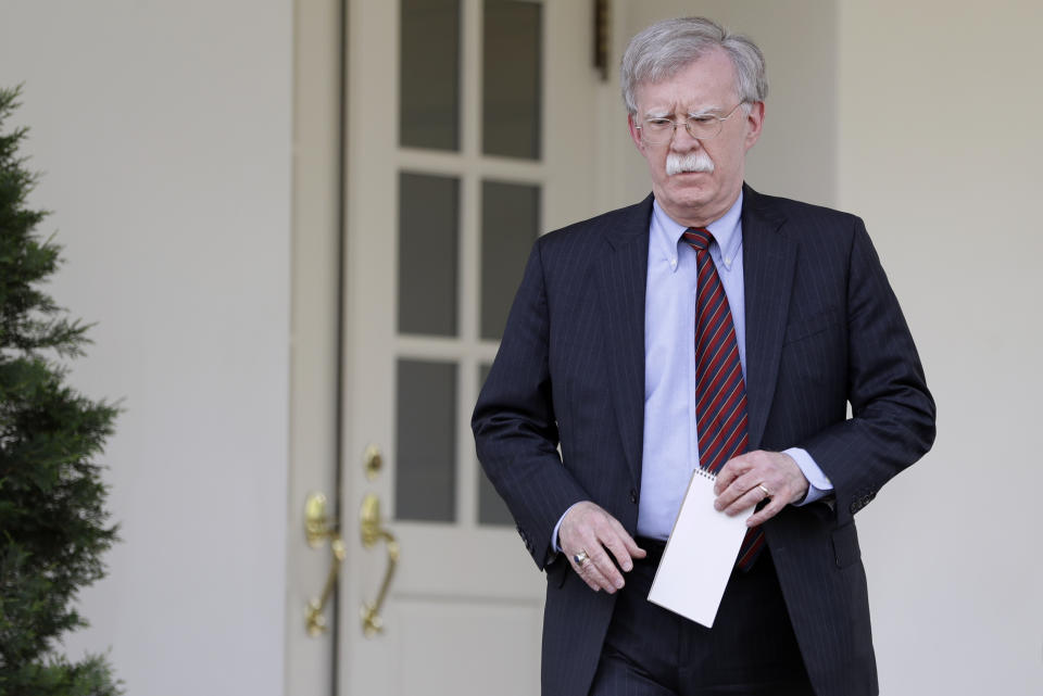 National security adviser John Bolton outside the West Wing of the White House in April. (Photo: Evan Vucci/AP)  