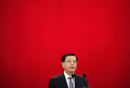 Zhang Dejiang, chairman of China's National People's Congress, delivers his speech during a banquet in Hong Kong, Wednesday, May 18, 2016. REUTERS/Vincent Yu/Pool