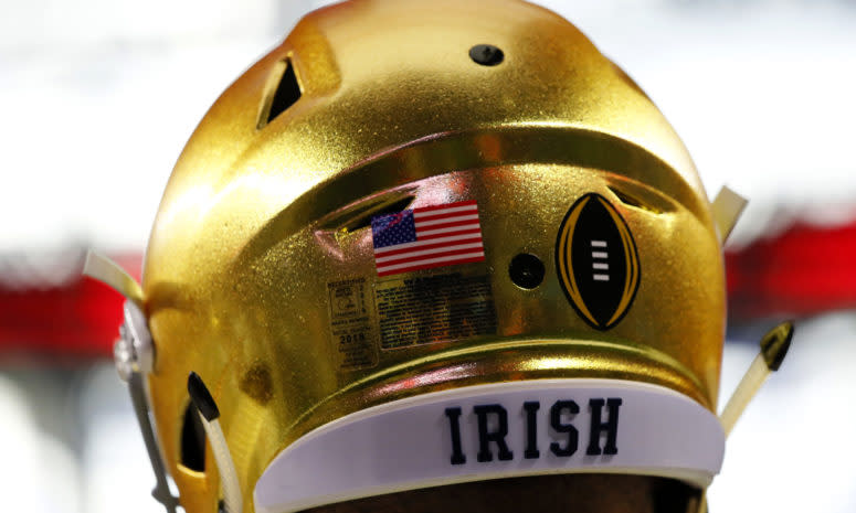 A closeup of a Notre Dame football helmet.