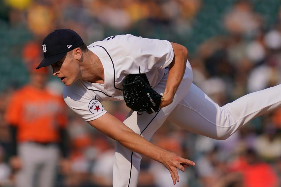 Detroit Tigers starting pitcher Matt Manning throws during the first inning of a baseball game against the Baltimore Orioles, Saturday, July 31, 2021, in Detroit.