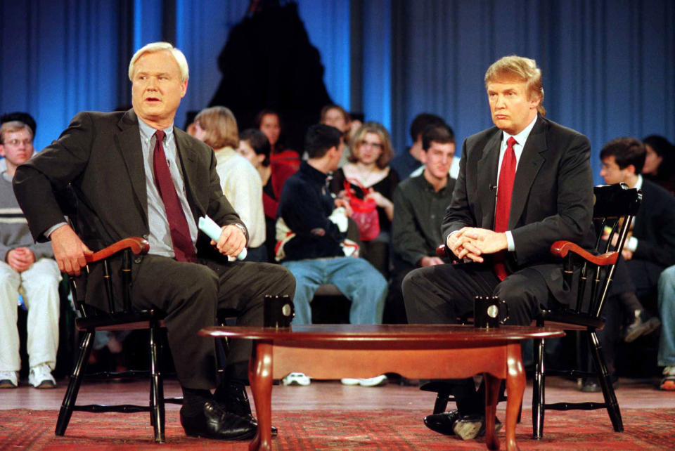 Chris Matthews, left, and Donald Trump during a break in the taping of MSNBC's "Hardball With Chris Matthews" at the University of Pennsylvania's Irvine Auditorium on Oct. 18, 1999.
