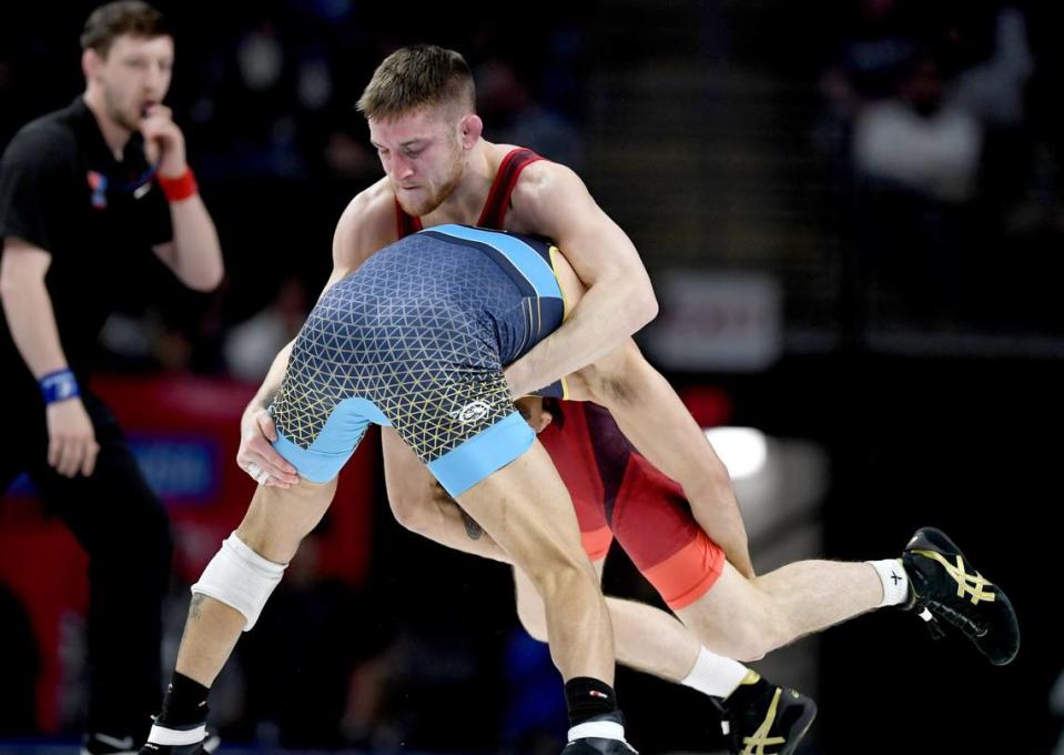 Nick Lee wrestles Andrew Alirez in the 65 kg semifinal bout during the U.S. Olympic Team Trials at the Bryce Jordan Center on Friday, April 19, 2024.