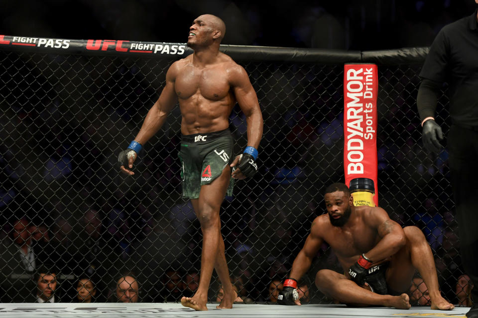 LAS VEGAS, CA - MARCH 02: Kamaru Usman walks away from  Tyron Woodley after a five round fight. Usman defeated Woodley via judges decision to win the UFC welterweight championship during UFC 235 at the T-Mobile Arena in Las Vegas, NV, Saturday, Mar. 2, 2019. (Photo by Hans Gutknecht/MediaNews Group/Los Angeles Daily News via Getty Images)