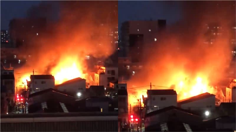 日本大阪市城東區東中濱一處民宅發生大火。（圖／翻攝自X）