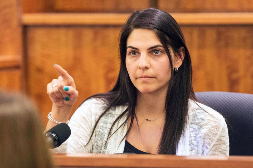 Babysitter Jennifer Fortier testifies during the murder trial of former New England Patriots player Aaron Hernandez at the Bristol County Superior Court in Fall River, Massachusetts, March 9, 2015. REUTERS/Aram Boghosian/Pool (UNITED STATES - Tags: CRIME LAW SPORT FOOTBALL)