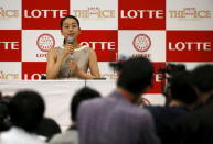 Japanese figure skater Mao Asada attends a news conference in Tokyo May 18, 2015. REUTERS/Issei Kato