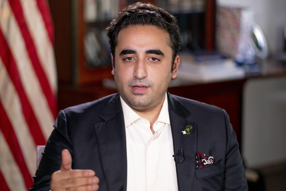 Pakistani Foreign Minister Bilawal Bhutto Zardari speaks during an interview with the Associated Press at the Pakistan Embassy, in Washington, Tuesday, Sept. 27, 2022. (AP Photo/Andrew Harnik)