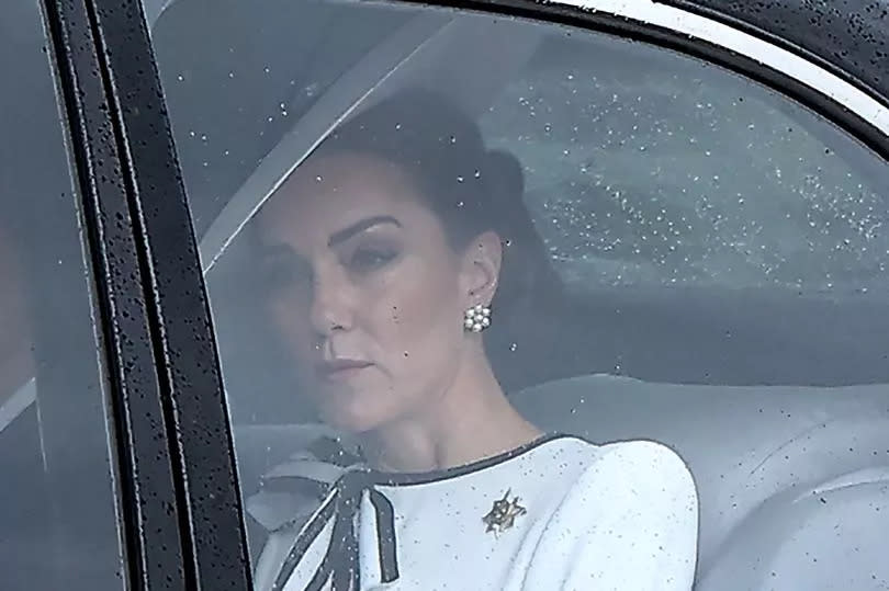 Britain's Catherine, Princess of Wales, arrives to Buckingham Palace before the King's Birthday Parade "Trooping the Colour" in London on June 15, 2024. Catherine, Princess of Wales, is making a tentative return to public life for the first time since being diagnosed with cancer, attending the Trooping the Colour military parade in central London. (Photo by HENRY NICHOLLS / AFP) (Photo by HENRY NICHOLLS/AFP via Getty Images)