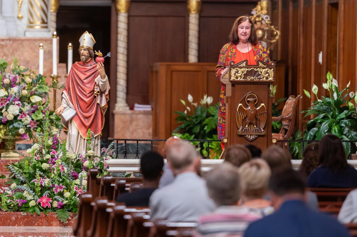 Dr. Mary Soha presents her Augustinian Lecture "The Baptism of St. Augustine Times Two." The Diocese of St. Augustine celebrated solemn vespers on the feast day of St. Augustine, the Bishop of Hippo, August 28, 2023. The City of St. Augustine was dedicated to him when it was founded by Pedro Menéndez on the saint's feast day in 1565. The statue of St. Augustine was recently installed in the Cathedral Basilica of St. Augustine and was a gift to the cathedral in 2021 by former rector, Very Rev. Thomas Willis.
Picture made August 28, 2023.
[Fran Ruchalski for the St. Augustine Record]